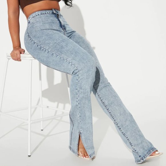 Slit Stretch Slim Bootcut Jeans - Acid Wash Denim - Picture 1 of 2
